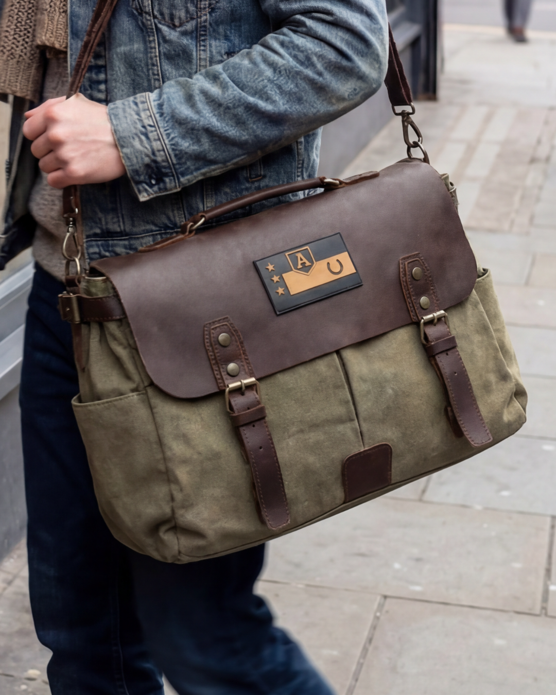 Brown leather and canvas bag, helmet, and gloves on a wooden surface with 'Urban Nomad' branding.